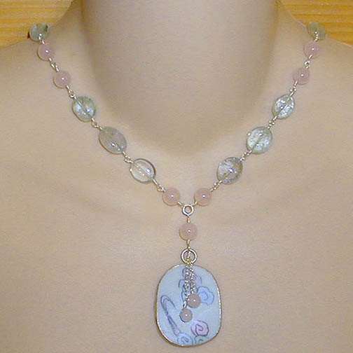 Ming Pottery Shard Necklace w/ Rose Quartz & Aquamarine